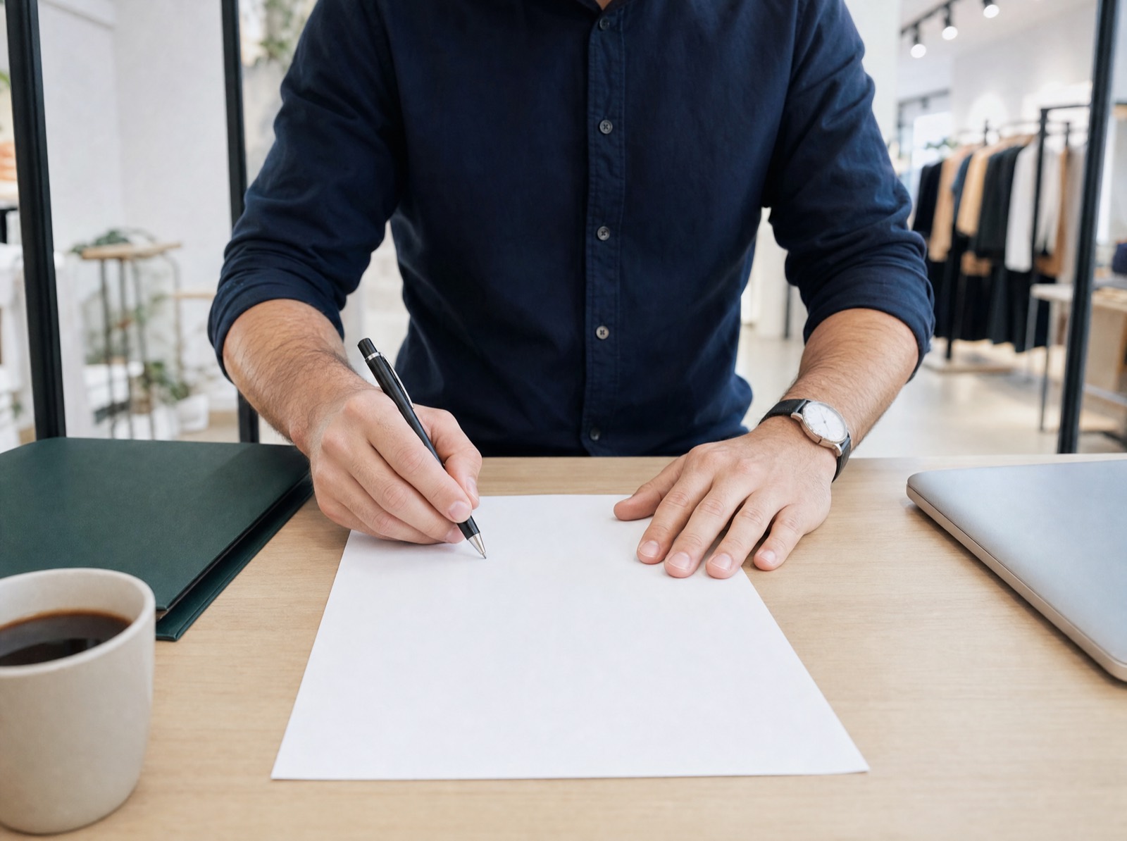 Un commerçant signe son attestation de conformité à son bureau, à côté de son ordinateur