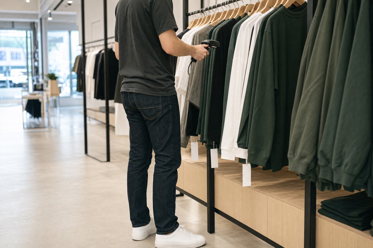 Vendeur comptant le stock d'un portant à la douchette code-barres