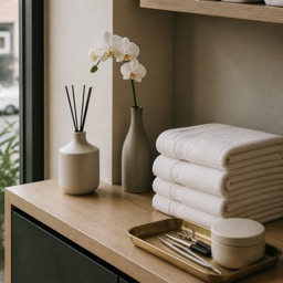 Coin d'un institut de beauté : serviettes blanches pliées, diffuseur en céramique et orchidée.