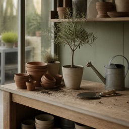 Établi d'une jardinerie : pots en terre cuite, olivier en pot, arrosoir en zinc et transplantoir.