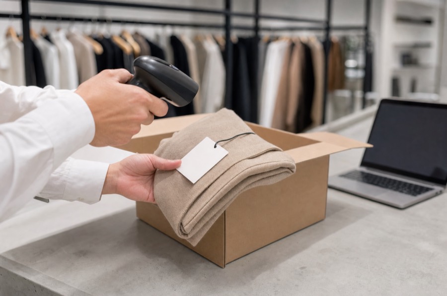 Mains d'un commerçant passant une douchette codes-barres sur l'étiquette d'un pull sorti d'un carton de livraison, sur le comptoir en béton clair d'une boutique.