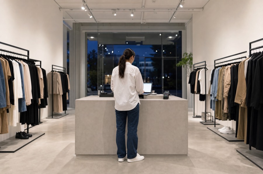 Commerçante en jean et chemise blanche debout au comptoir de sa boutique en fin de journée, vue de dos, devant un ordinateur portable ouvert et un terminal de paiement.