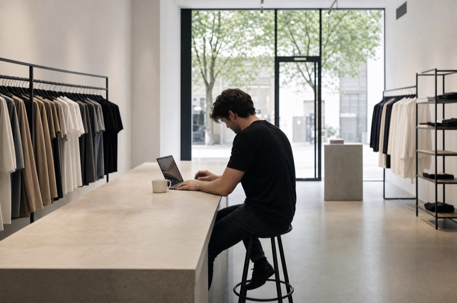 Commerçant assis sur un tabouret au comptoir de sa boutique avant l'ouverture, de profil, penché sur un ordinateur portable, une tasse de café à côté.