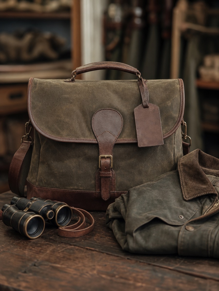 Gros plan d'une gibecière en toile et cuir, d'une paire de jumelles et d'une veste en coton huilé pliée sur une table en bois.