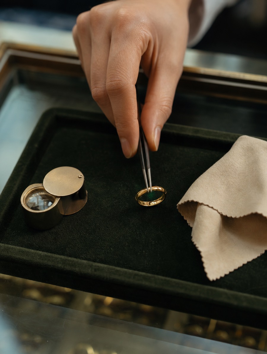 Gros plan d'une main plaçant une bague en or sur un plateau de velours vert avec une brucelle, loupe de bijoutier posée à côté.