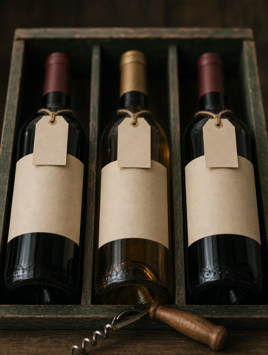 Gros plan de trois bouteilles de vin couchées dans un casier en bois, tire-bouchon posé à côté.