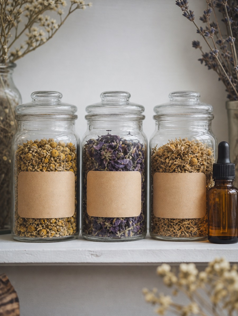 Gros plan de bocaux en verre remplis de fleurs séchées avec des étiquettes kraft vierges, sur une étagère blanche.