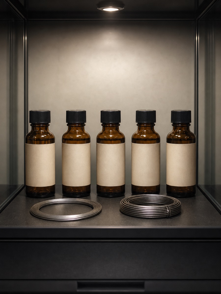 Gros plan d'une rangée de petits flacons ambrés et de résistances disposés dans une vitrine en verre éclairée.