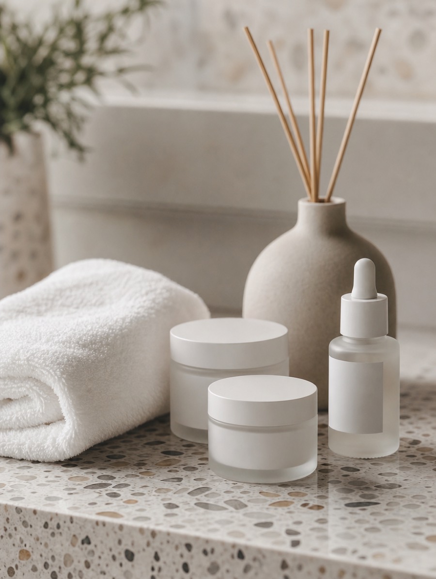 Gros plan d'un comptoir en terrazzo : serviette blanche pliée, diffuseur en céramique et pots de soin en verre dépoli.