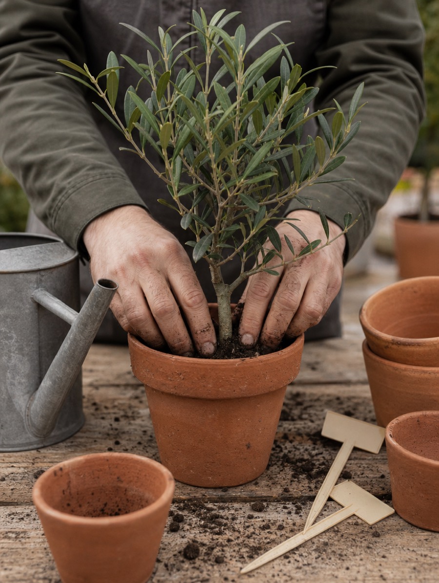 Gros plan de deux mains rempotant un petit olivier, pots en terre cuite et arrosoir en zinc sur un établi de jardinerie.