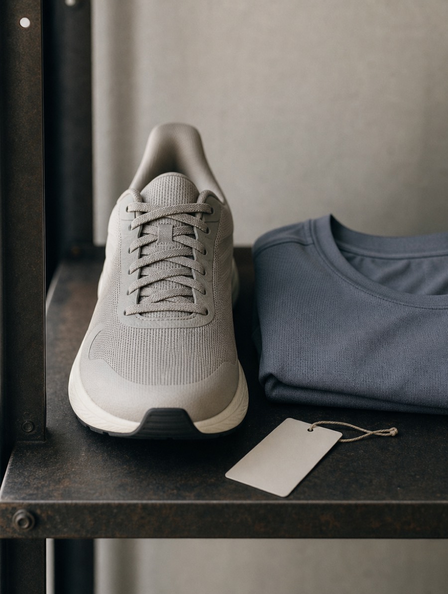 Gros plan d'une chaussure de running posée sur une étagère métal à côté d'un t-shirt technique plié et d'une étiquette vierge.