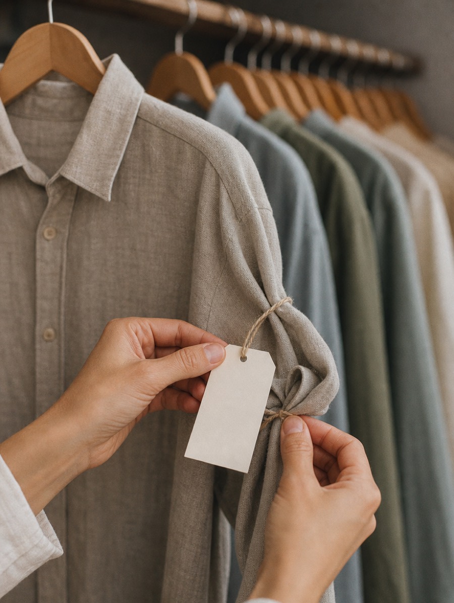 Gros plan de deux mains attachant une étiquette vierge à la manche d'une chemise en lin sur un cintre.