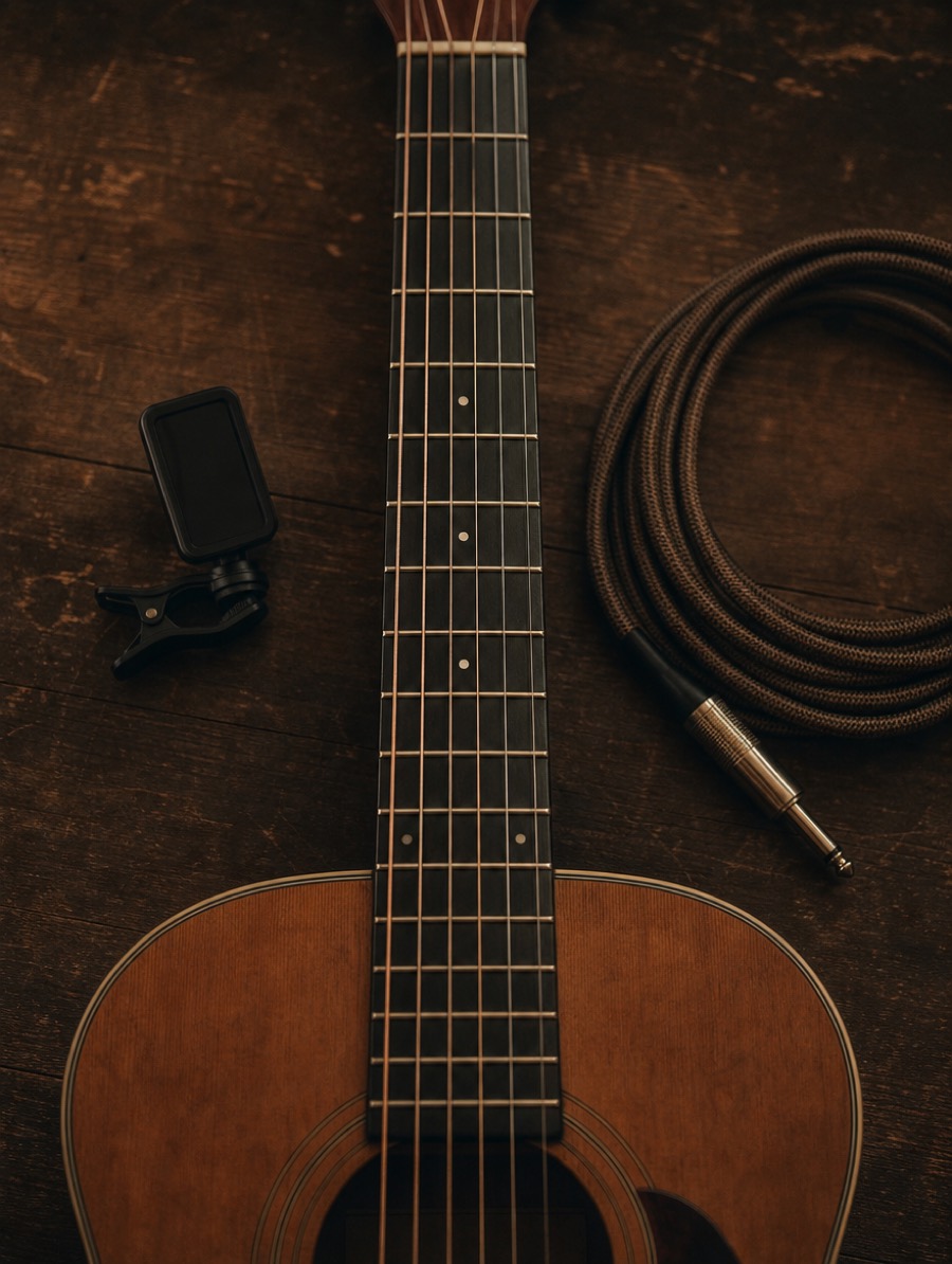 Gros plan des cordes et du manche d'une guitare acoustique sur un établi, avec un accordeur et un câble enroulé.