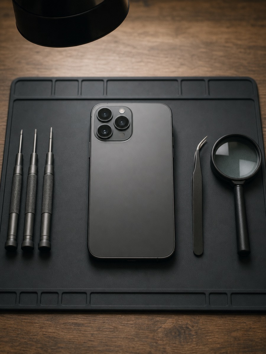Gros plan d'un téléphone posé face contre un tapis de réparation, entouré de tournevis de précision, de brucelles et d'une loupe.