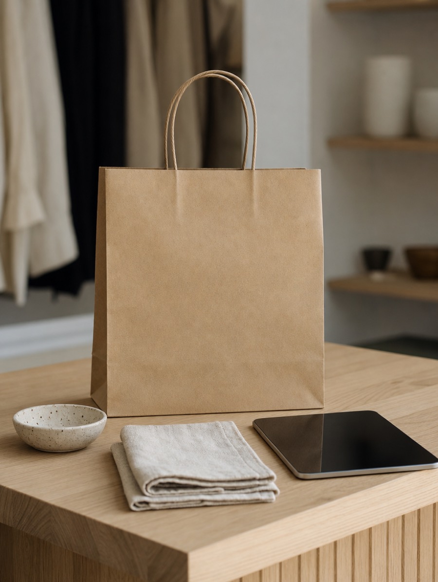 Gros plan d'un coin de comptoir de concept store : sac en papier kraft, coupelle en céramique, textile plié et tablette posée à plat sur du chêne clair.
