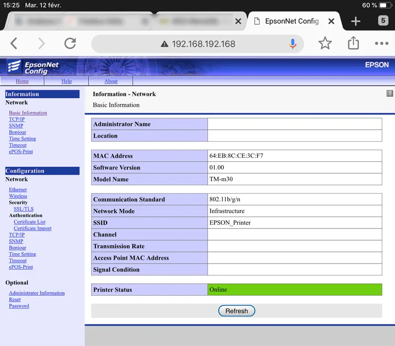 Interface EpsonNet Config depuis navigateur