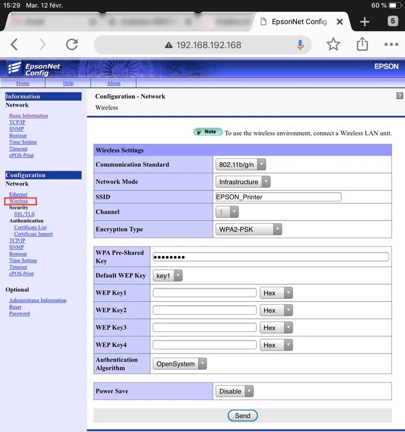 Configuration wireless depuis l'interface EpsonNet Config