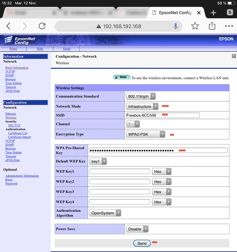 Configuration wireless depuis l'interface EpsonNet Config 2