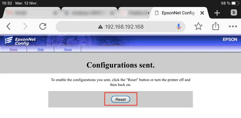 Epson configuration sent bouton Reset